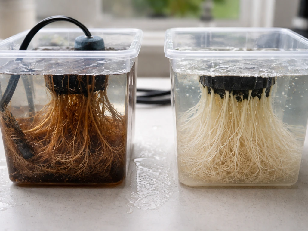 Hydroponic roots in two small containers: brown slimy roots beside healthy pale roots, with air stone nearby.