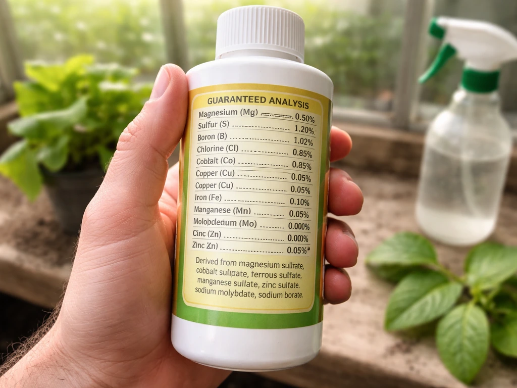 Hand holding a micronutrient foliar spray bottle close-up over a greenhouse bench with green leaves nearby.