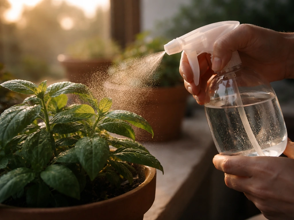 Hands misting potted plant leaves with a spray bottle at dawn, droplets glistening in natural light.