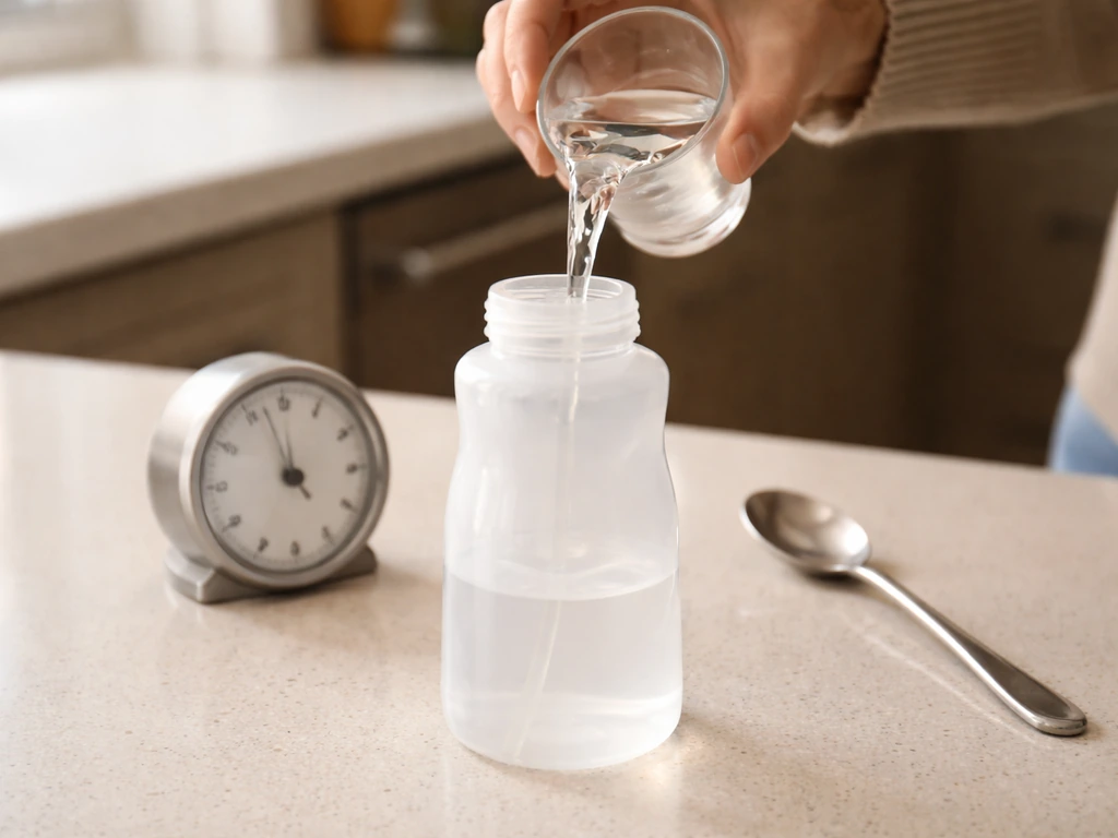 Close-up of a clean sprayer container filled with lukewarm water, ready for correct mixing.