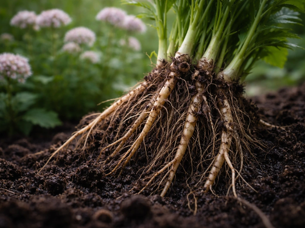 Fresh valerian roots in dark soil with small flowering valerian plants softly blurred in the background