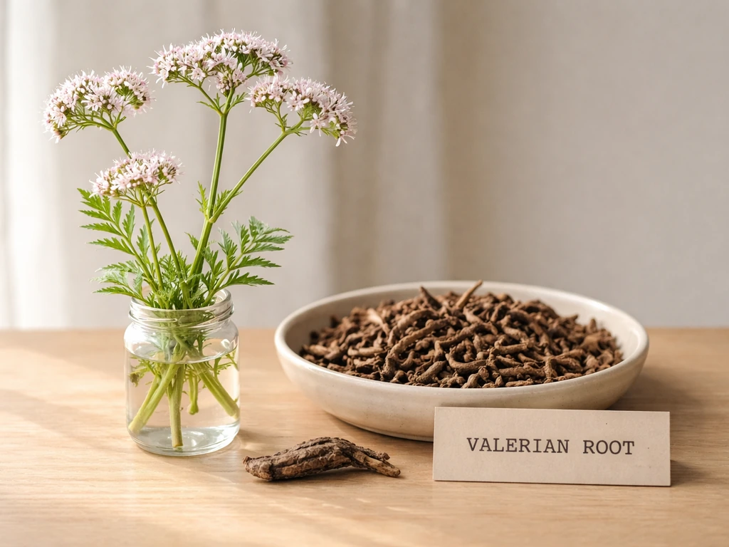 Valerian plant in bloom with a close-up dish of valerian root on a simple wooden table.