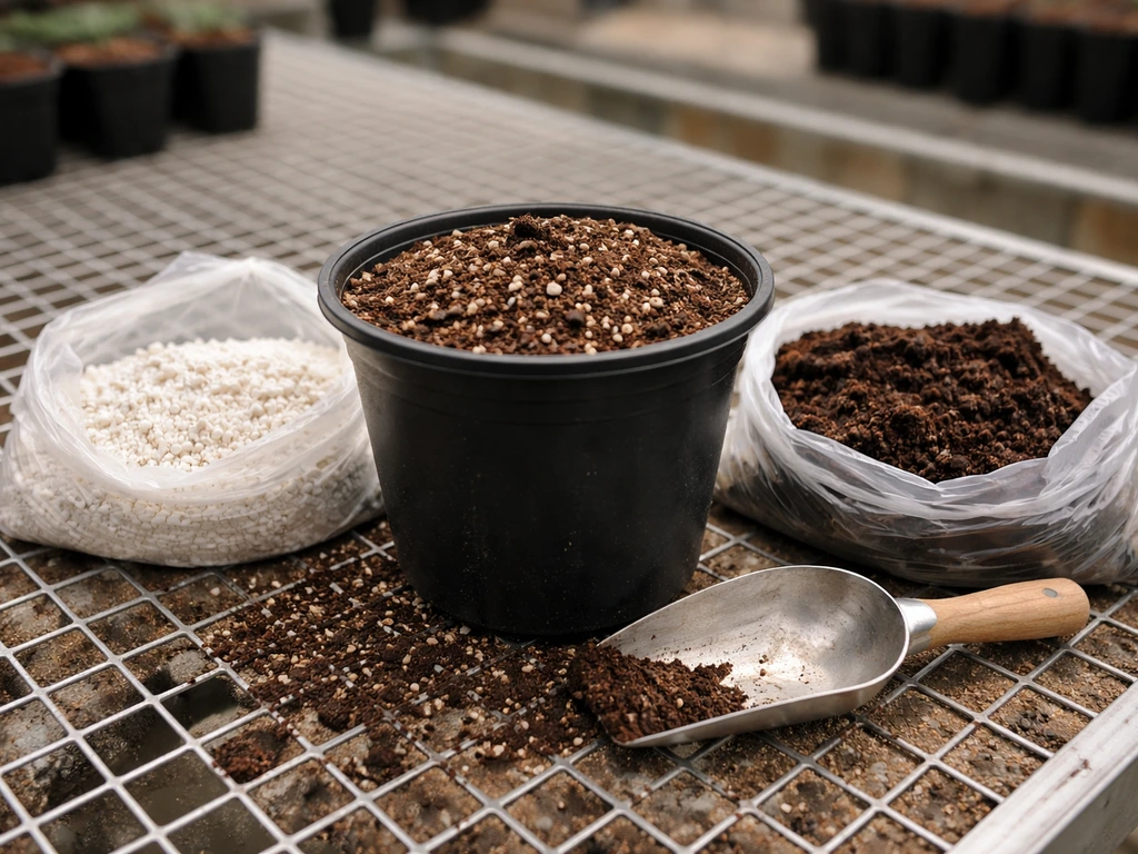 Loamy potting mix in a container with visible perlite and compost on a greenhouse bench.