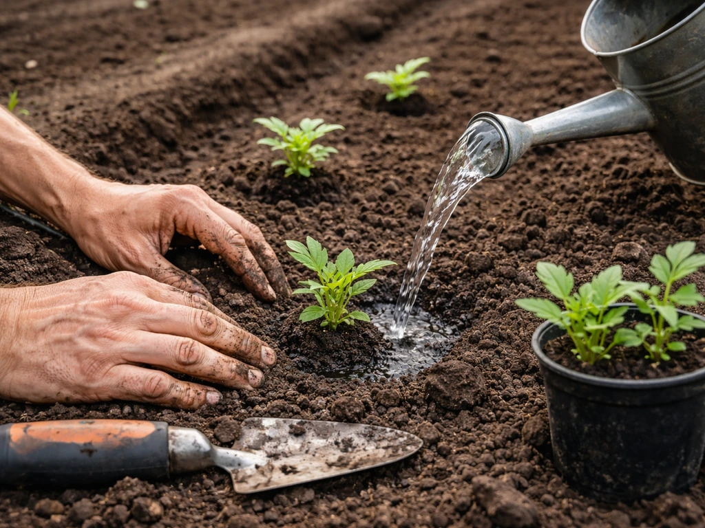Gardener carefully plants valerian seedlings in moist soil, then waters the new transplant.