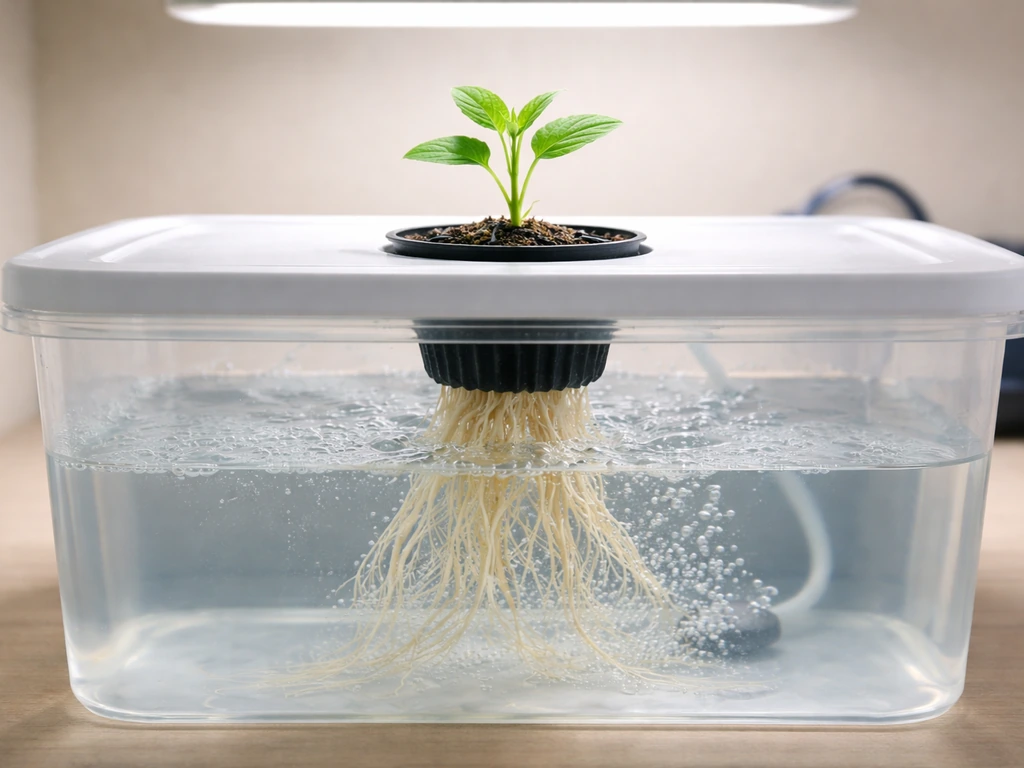 Single DWC hydroponic bucket showing exposed roots floating in nutrient solution under soft air bubbles.