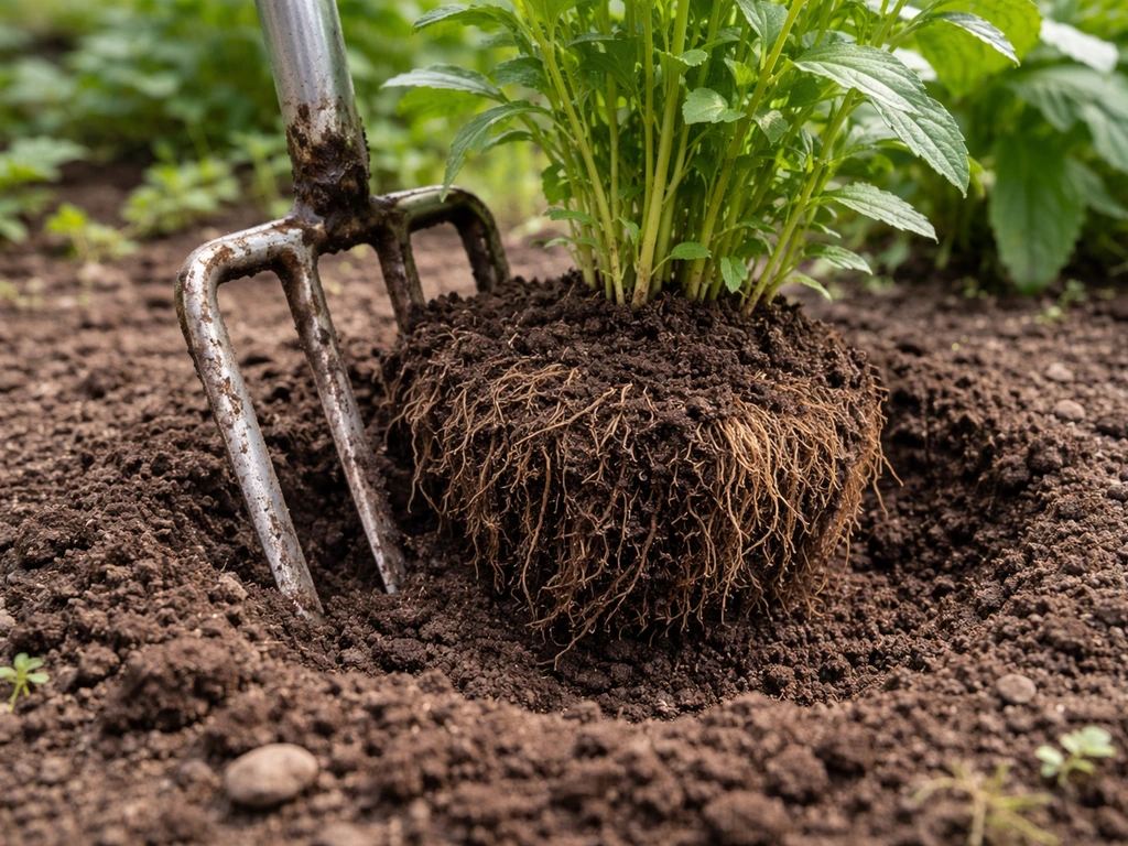 Gardening fork lifting valerian root mass from loosened soil around the plant crown.