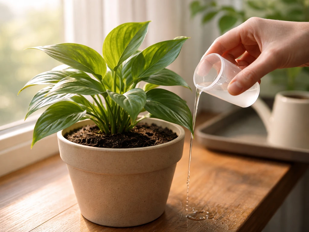 Hand carefully pours diluted liquid plant fertilizer into a healthy potted houseplant by a sunny window.