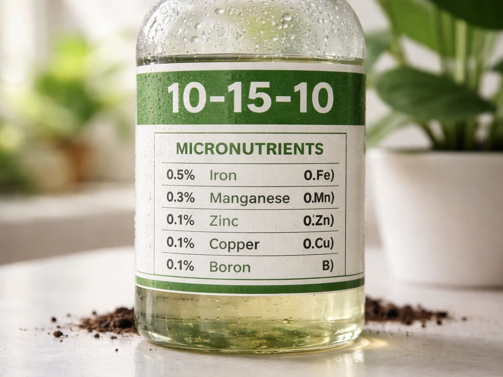 Close-up of a liquid plant food bottle with visible NPK and micronutrient ingredients on the label.