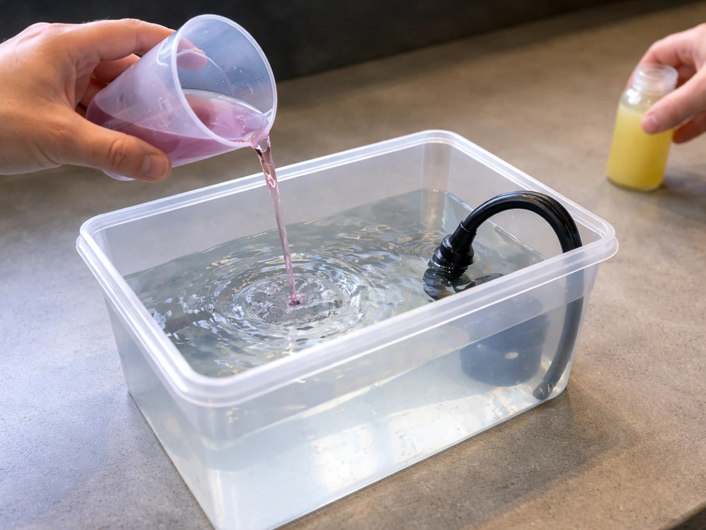 Clear water in a mixing container as nutrient liquid is poured in, with gentle stirring between additions.