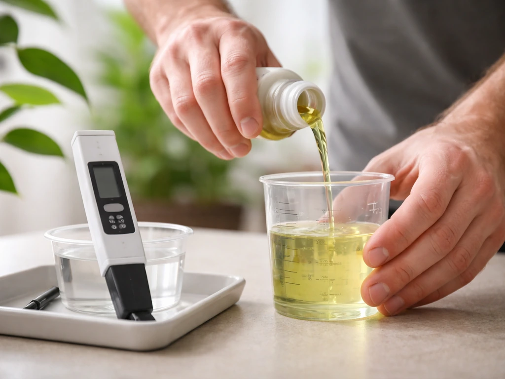 Hands measuring and diluting liquid plant food in a clear cup beside an EC/TDS meter