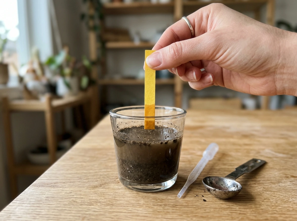 pH test strip dipped into soil slurry to check soil acidity.