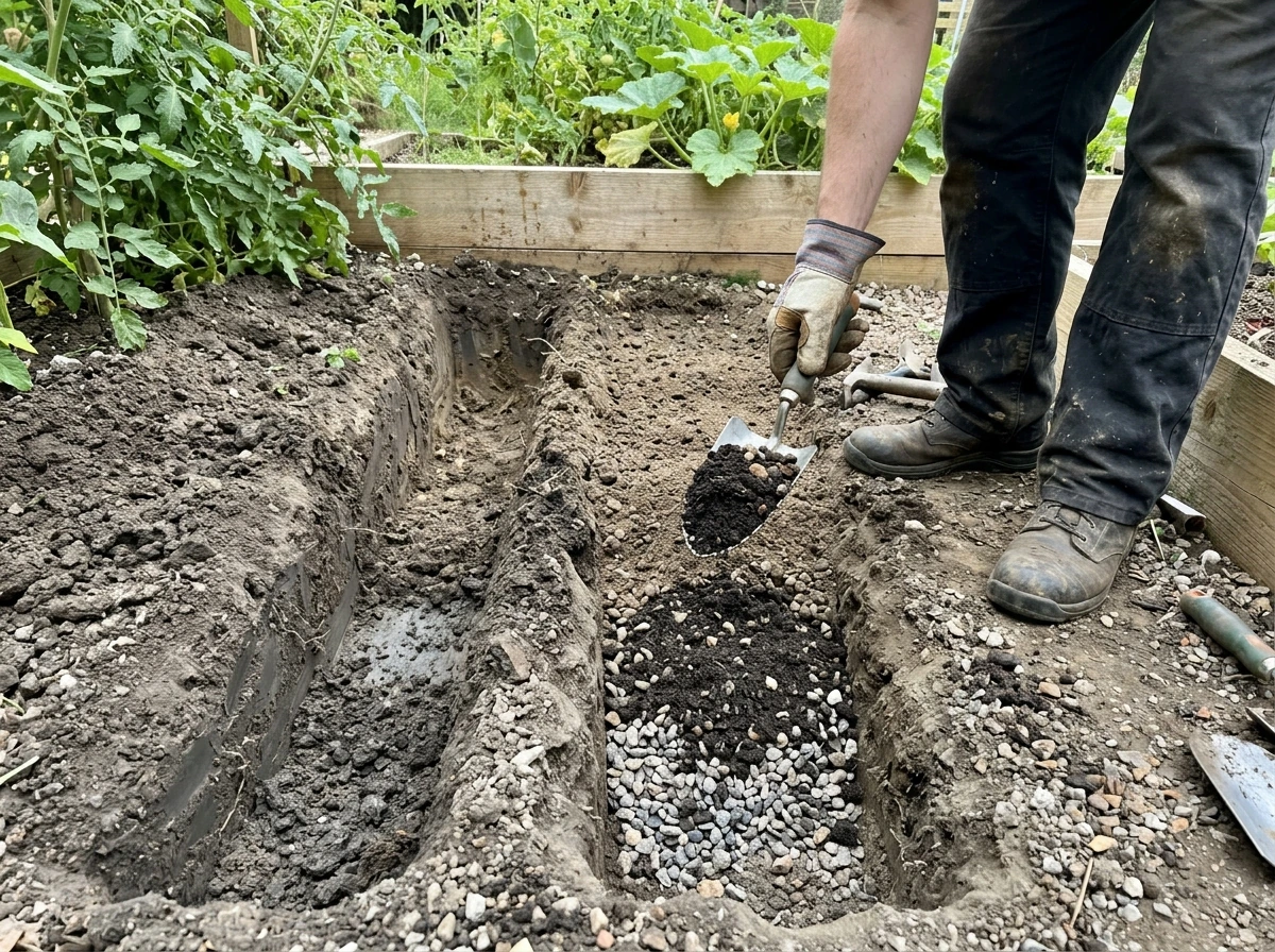 Amending a drainage hole with coarse material before backfilling to improve flow.