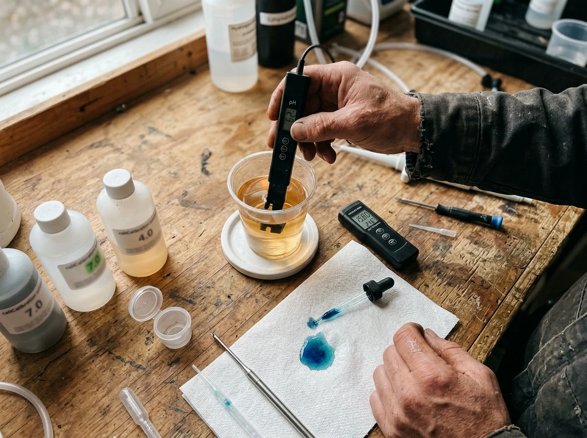 Checking hydro reservoir pH and EC with meter probes and fresh sample.