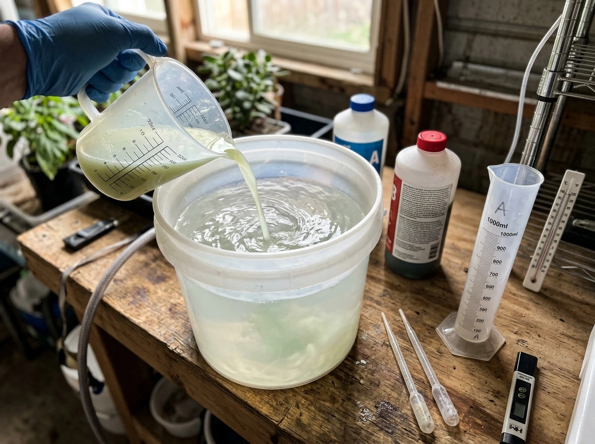 Mixing A+B hydro nutrients in the correct order into a reservoir.