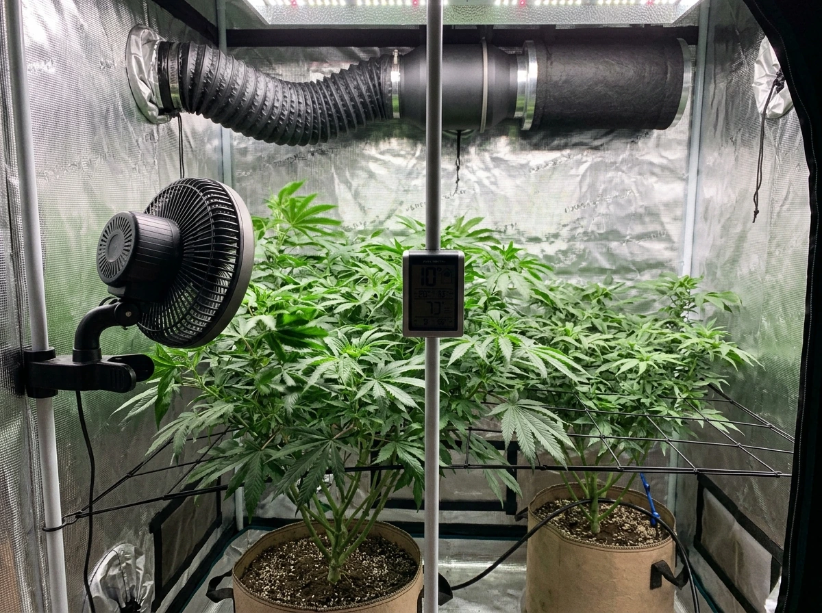 Oscillating fan and exhaust setup showing airflow management for hydro grow.