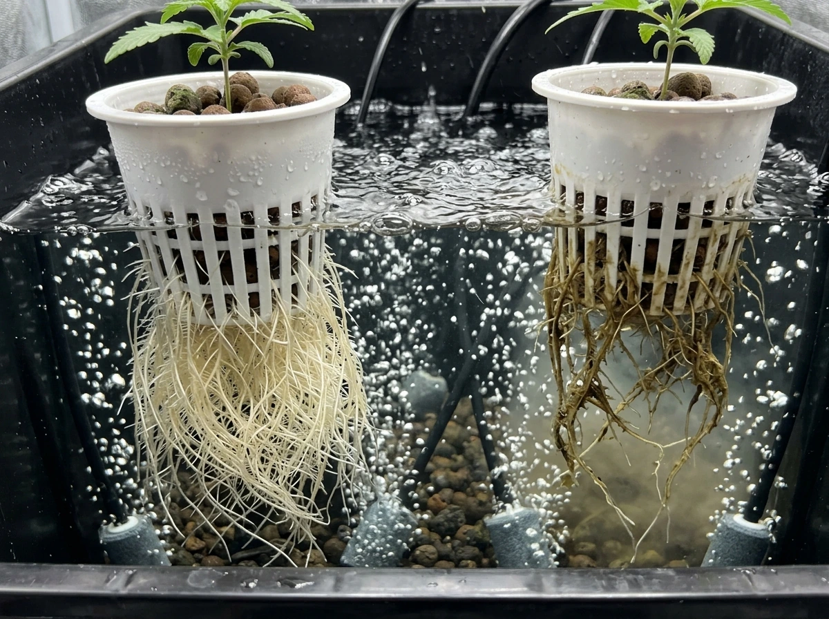Healthy vs unhealthy hydro roots showing differences in color and texture.