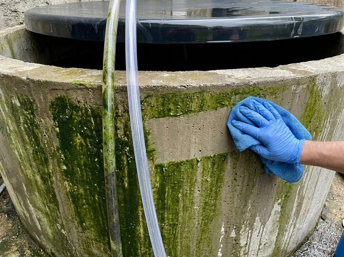 Wiping algae slime off a hydro reservoir and blocking light leaks.