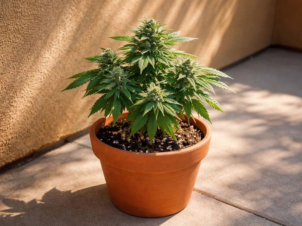 Do-Si-Dos plant in a pot on a sunlit patio beside a warm south-facing wall.