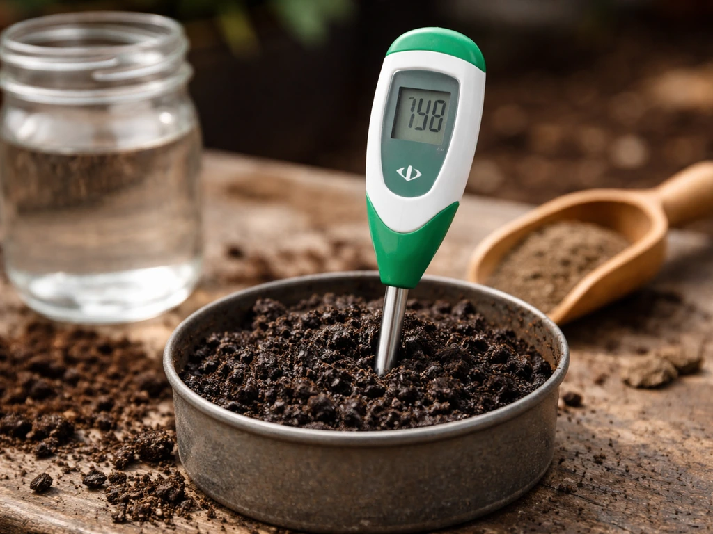 Close-up of soil pH testing with a handheld meter, potting mix, and small tools on an outdoor patio