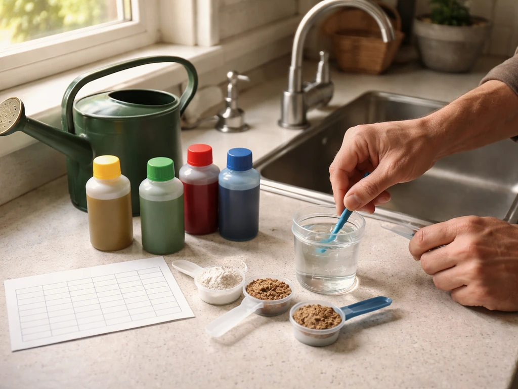 Hands preparing nutrient mix with bottles and watering can beside a blank schedule card.