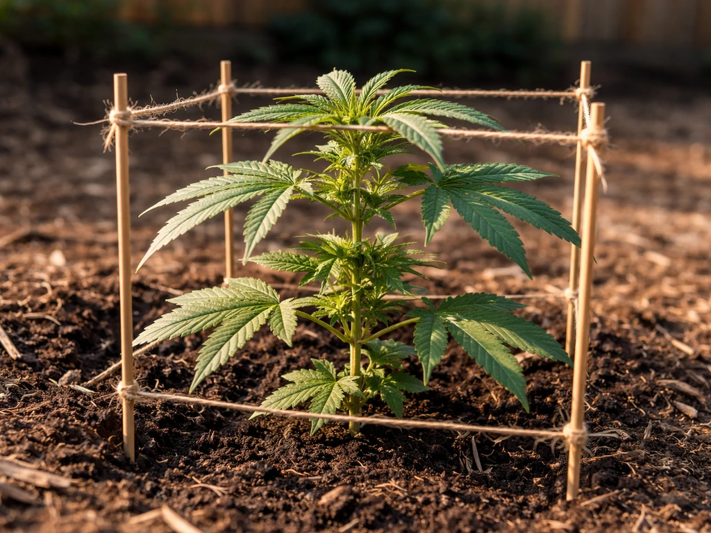 Young outdoor cannabis plant with visible nodes, supported by a simple trellis in a quiet backyard garden.