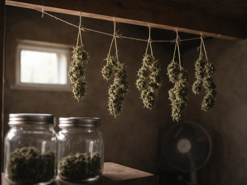 Buds on hanging branches in a dim ventilated drying room, with sealed glass jars nearby for curing.