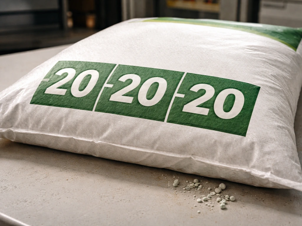 Close-up of a fertilizer bag label area showing three embossed percentage blocks representing N-P-K (20-20-20).