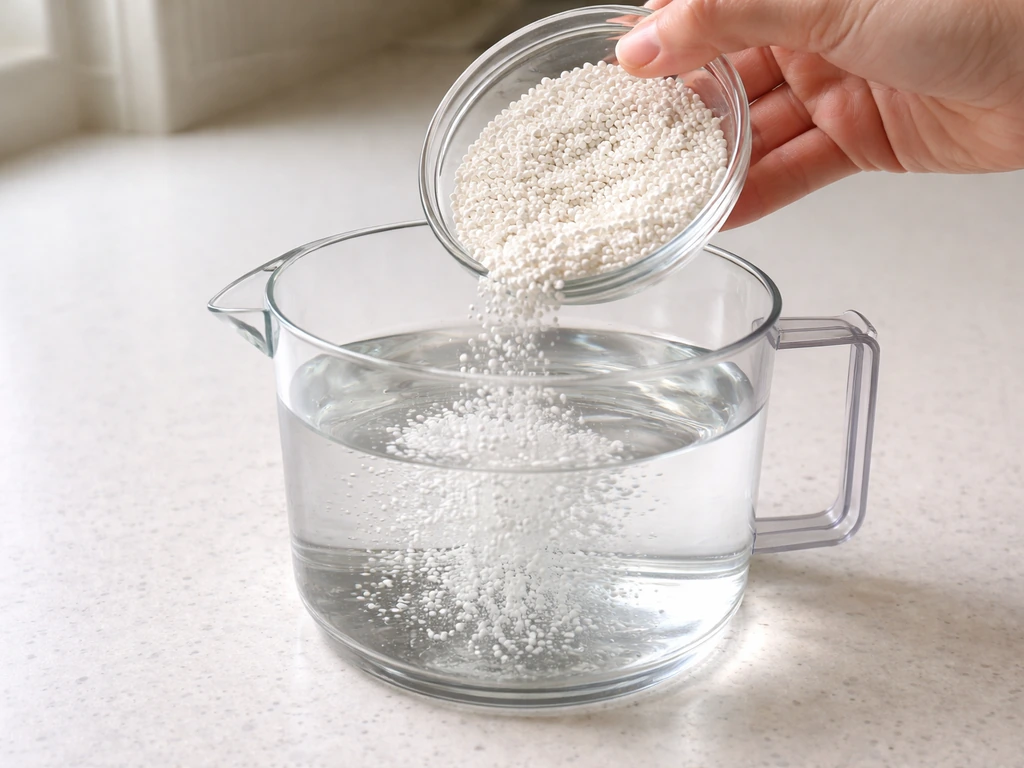 Close-up of measured 20-20-20 fertilizer being weighed and poured into water for mixing