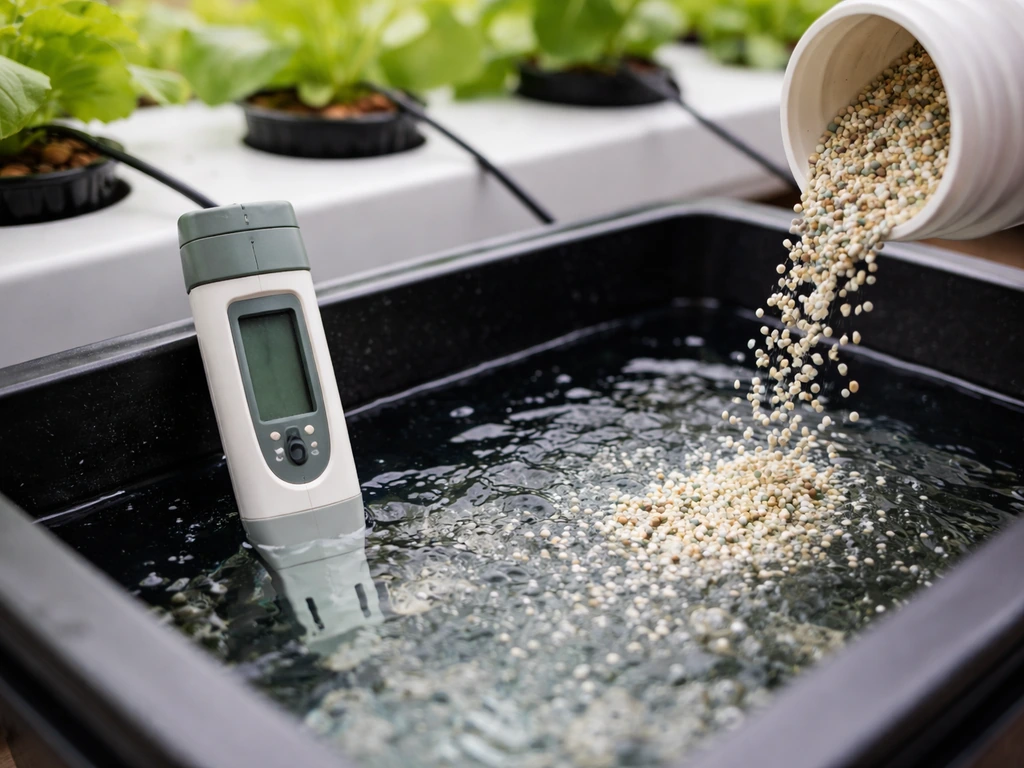 Close-up of hydroponic reservoir with EC/pH meter and adding 20-20-20 fertilizer granules