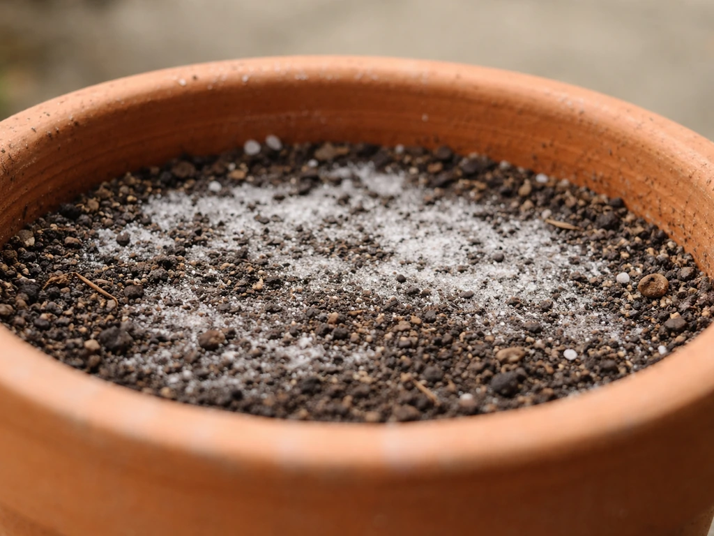 White salt crust on top of soil in a garden container.