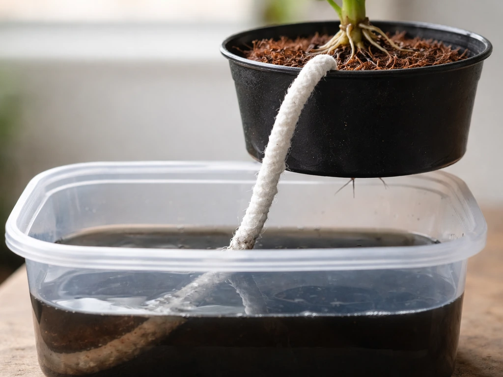 Close-up of a wick irrigation system: reservoir feeding nutrient up through a cotton wick into grow medium.