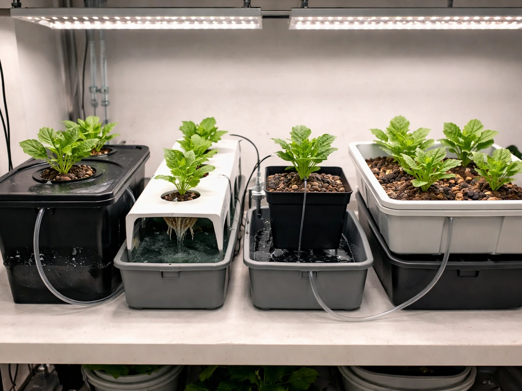 Four hydroponic setups side-by-side with visible reservoirs, channels, and drip lines under grow lights.