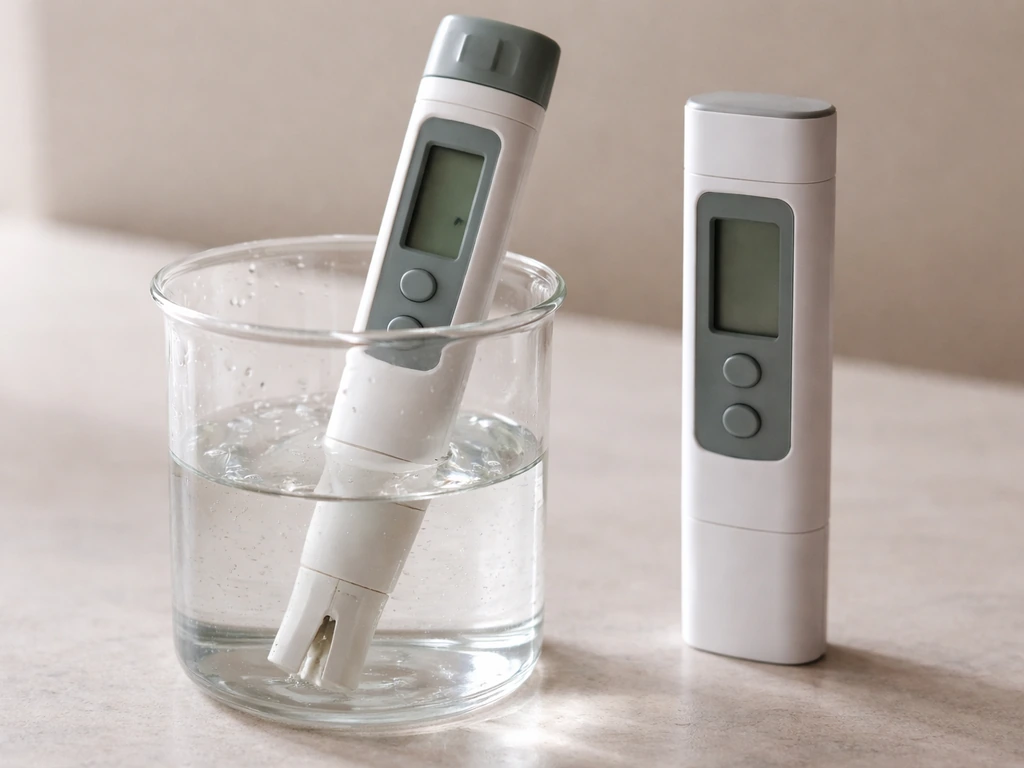 Close-up of pH and EC/TDS meters testing a beaker of water before adding nutrients