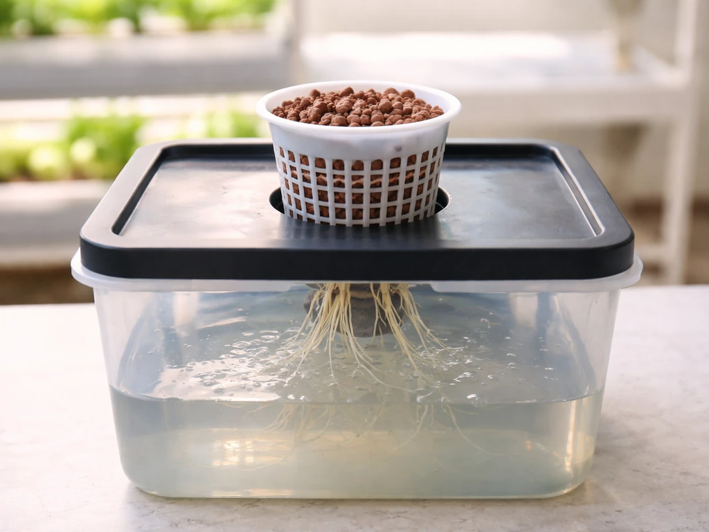 Clay pebbles in a net pot with roots hanging into a clear DWC reservoir above a tray.