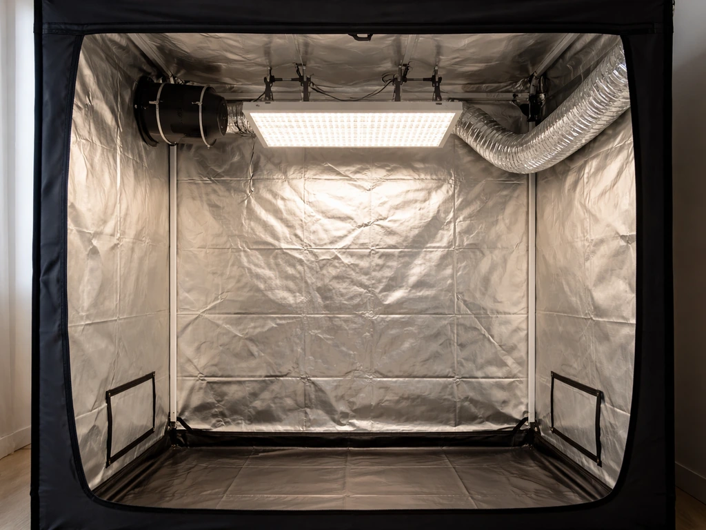 LED grow light over a hydro grow tent with inline exhaust fan and ducting, clean setup in a grow room.