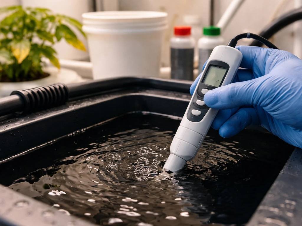 Gloved hand testing pH/EC meter in a hydroponic reservoir with slight leaf yellowing in background.