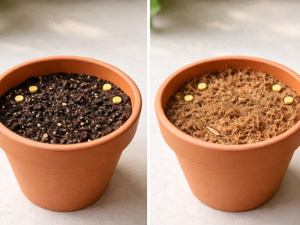 Side-by-side pots: grow dots embedded in soil vs coco soilless medium.
