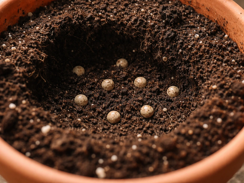 Close-up of small grow dots placed a couple inches below soil in a pot, spread out evenly