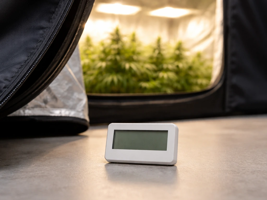 Digital thermometer resting near an open grow tent, showing a comfortable target temperature range