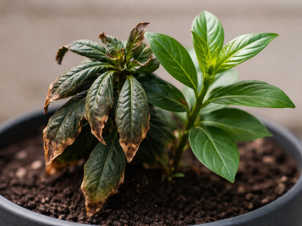 Close-up of plant leaf tips with nutrient burn and curling, alongside a nearby healthy green leaf.