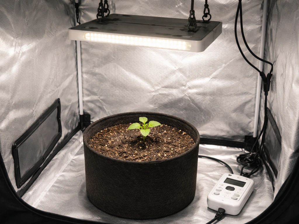 Small autoflower seedling inside a compact grow tent with LED light and timer nearby.