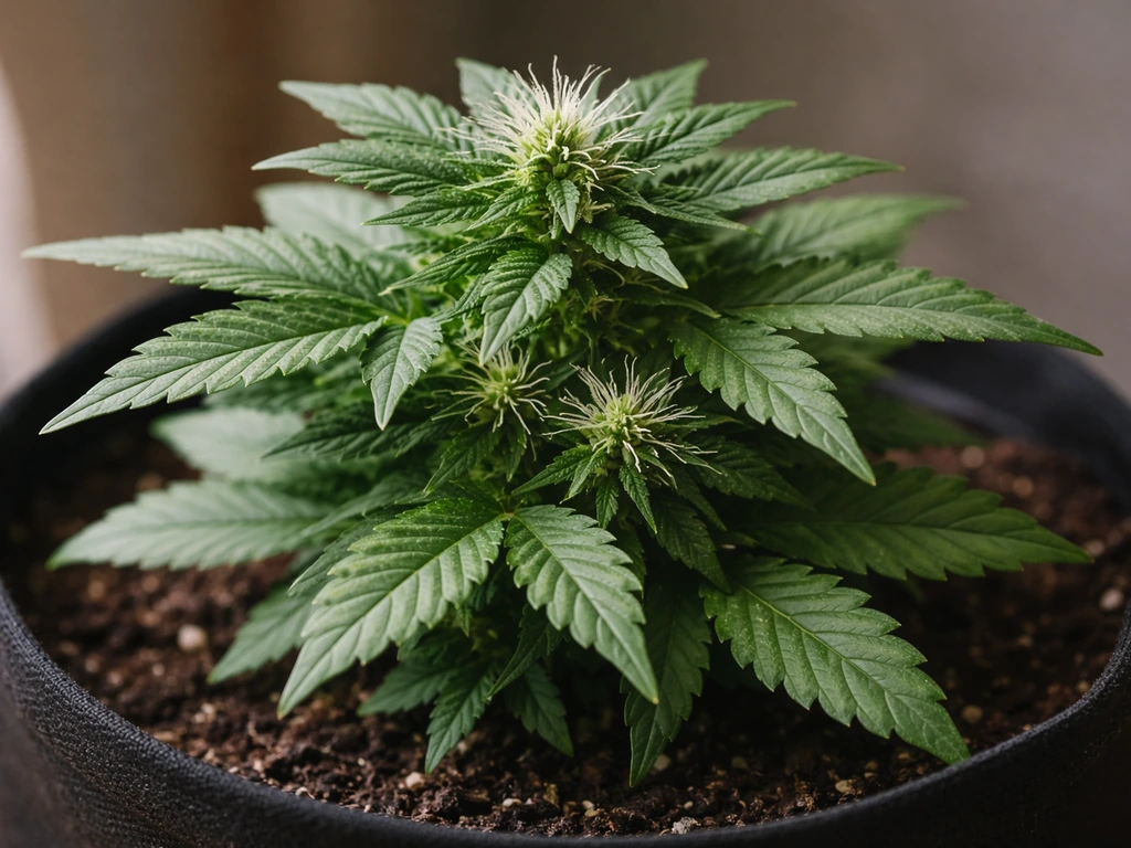 Compact autoflower cannabis plant with early buds and fresh pistils in a simple pot, softly lit indoors.