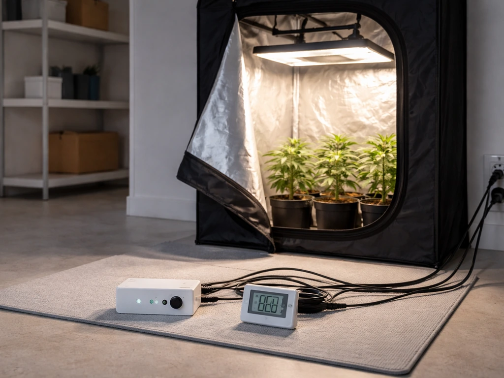 Indoor autoflower tent with grow light on, timer/controller and thermometer-hygrometer nearby