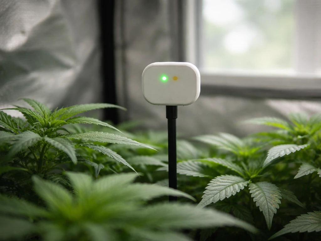 Close view of a grow canopy with a digital humidity/temperature meter nearby, indicator lights only.