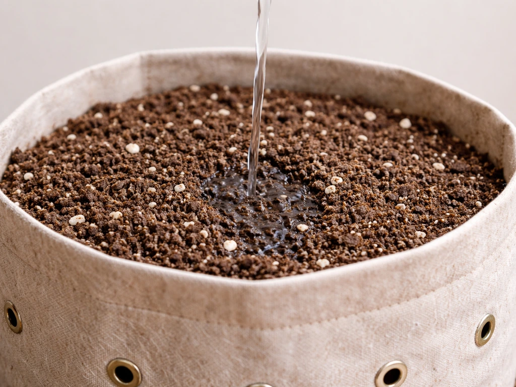 Airy potting mix in a container with drainage holes, close-up showing soil texture and gentle watering.