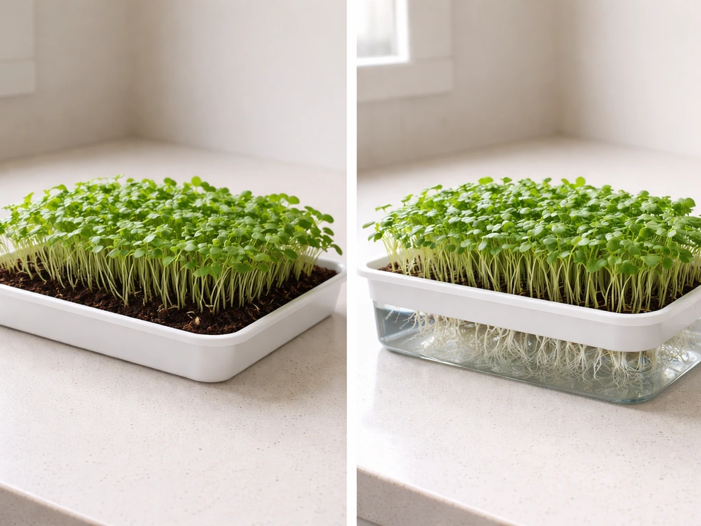Two trays side by side: microgreens in soil and hydro-grown seedlings with roots in clear water.