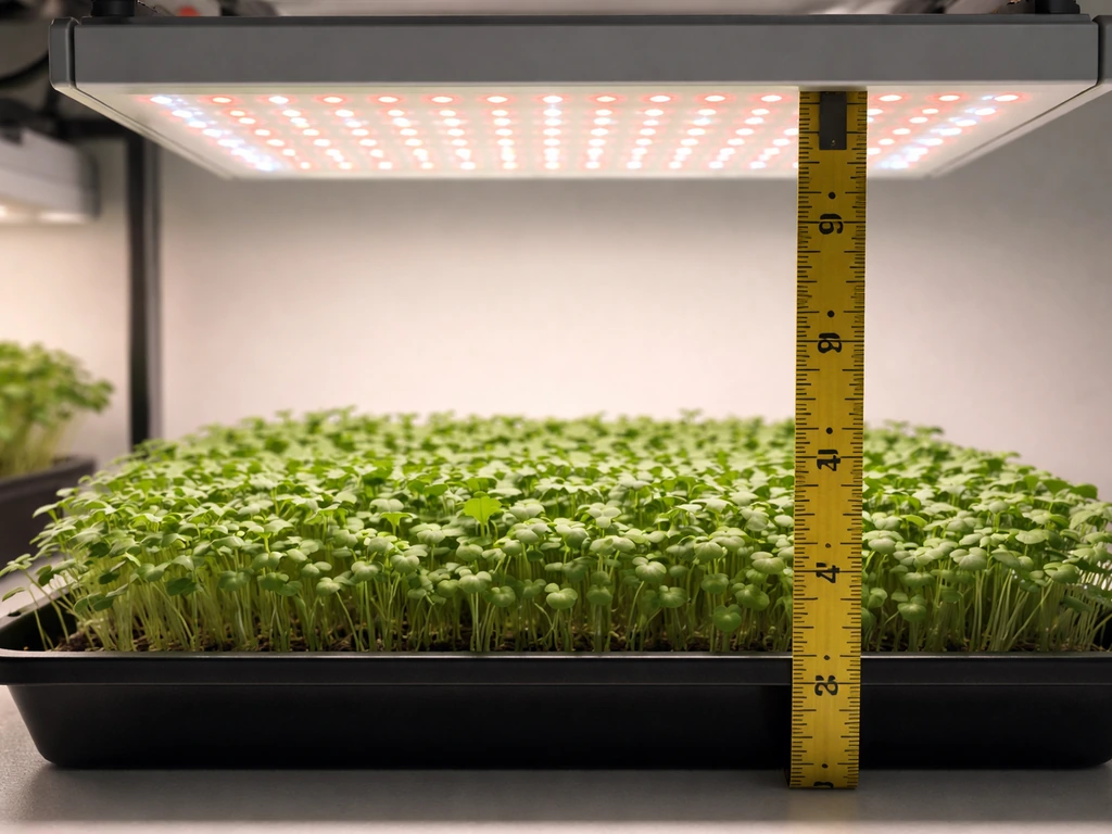 Full-spectrum LED panel over microgreens with a measuring tape showing lamp height to prevent leggy growth
