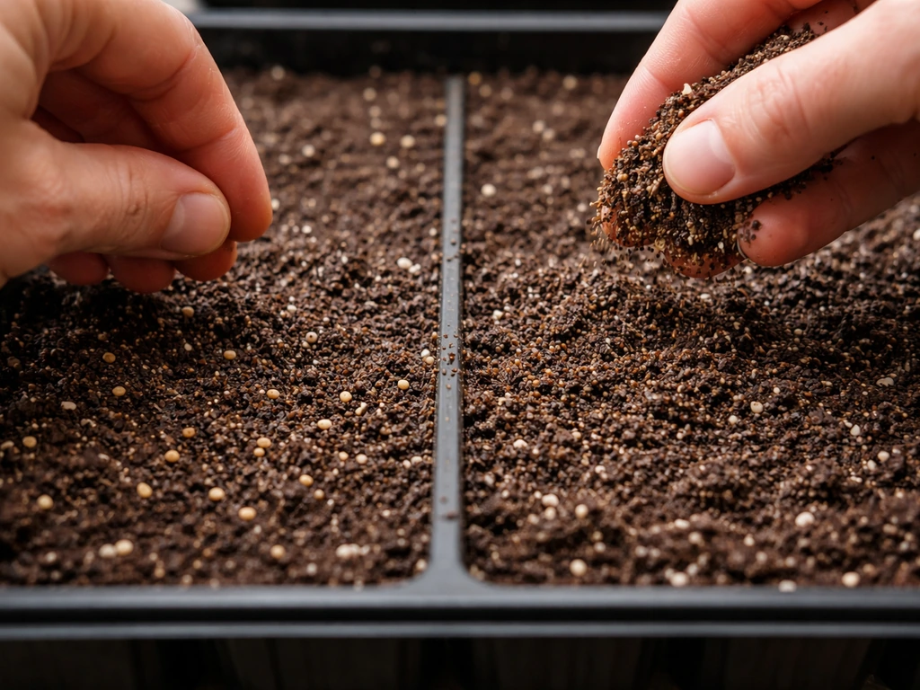 Hands sow seeds into a moist potting mix tray, covering them with an even shallow layer.