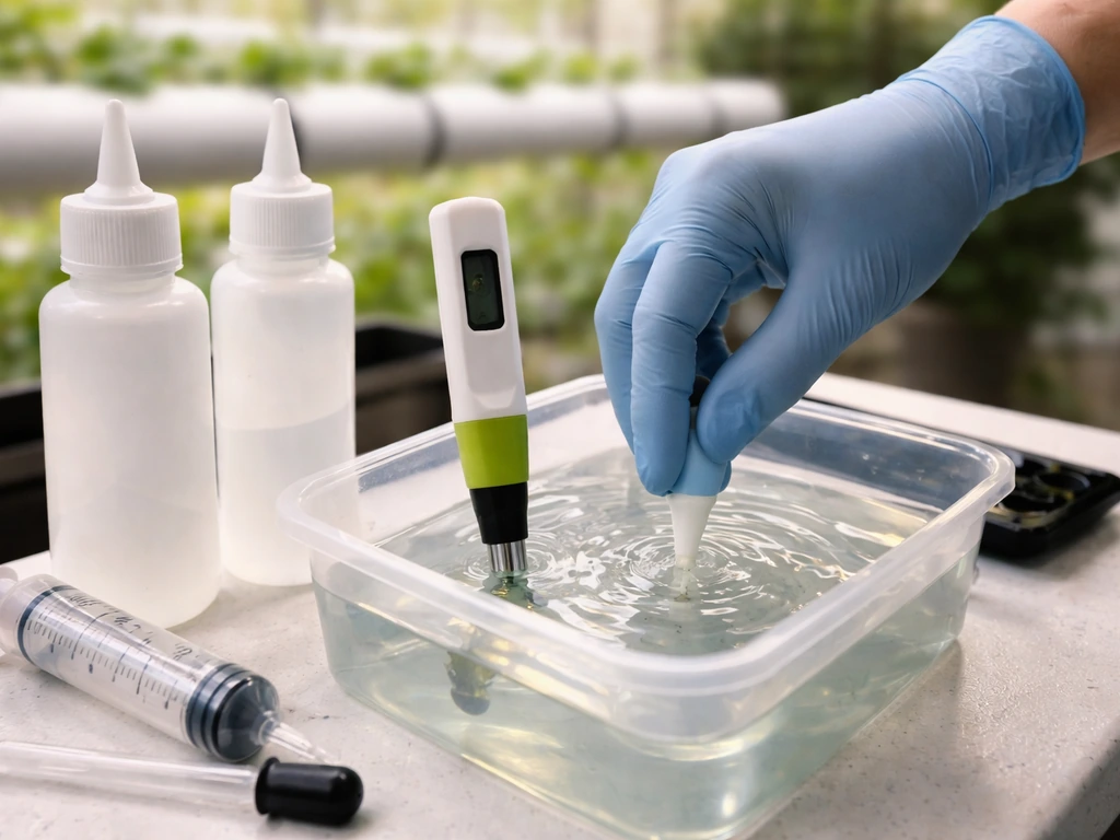 Close-up of hydroponic pH/EC meter probe in nutrient solution with bottles and dosing syringe beside it.
