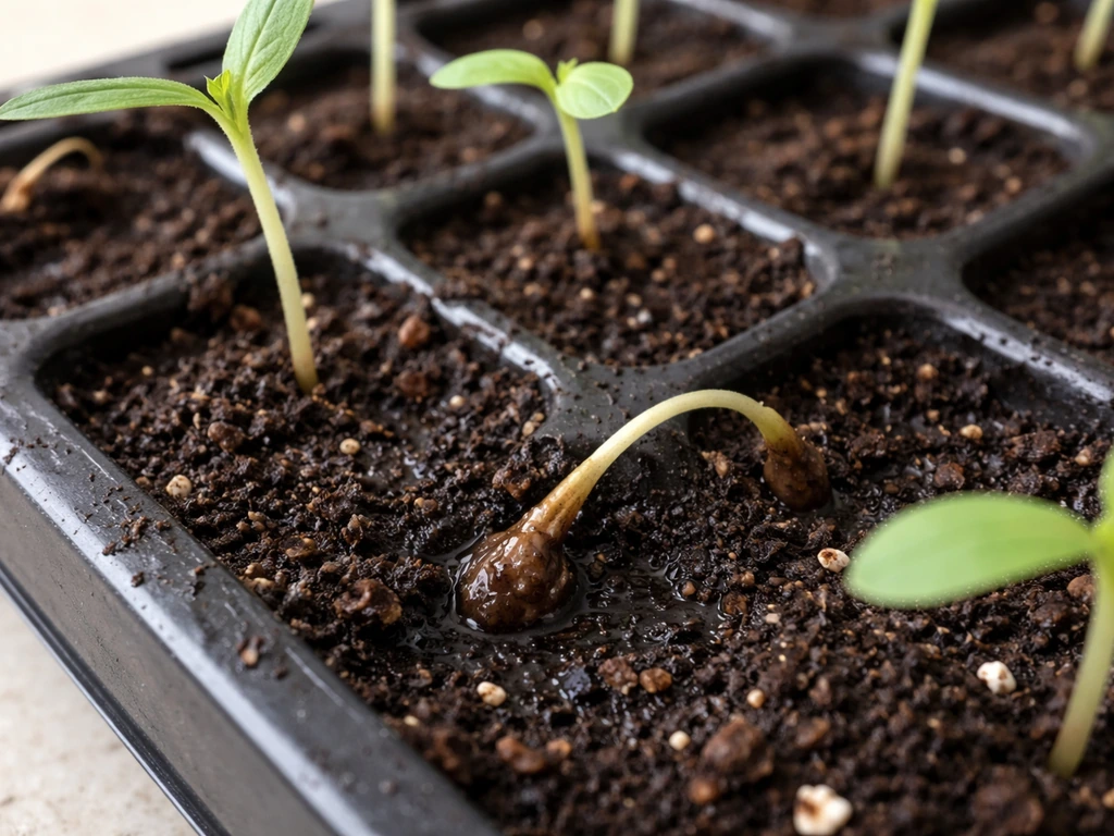 Close-up of seedlings in a tray with a brown, water-soaked pinched stem base at the soil line.